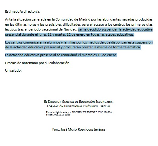 SUSPENSIÓN de la actividad educativa presencial durante el lunes 11 y martes 12